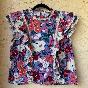 Karlie Floral Ruffle Top Sz M Multicolor Linen Blend Flutter Sleeve Lace Trim
